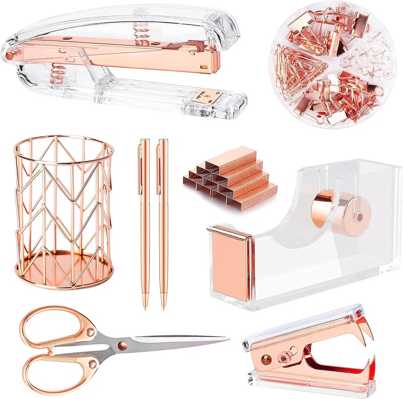 Famassi Rose Gold Desk Accessories，Office Supplies Set Acrylic Stapler Set Staple Remover, Tape Holder, 2 Ballpoint Pen, Scissor, Binder/Paper Clips and 1000pcs Staples. - Image 1